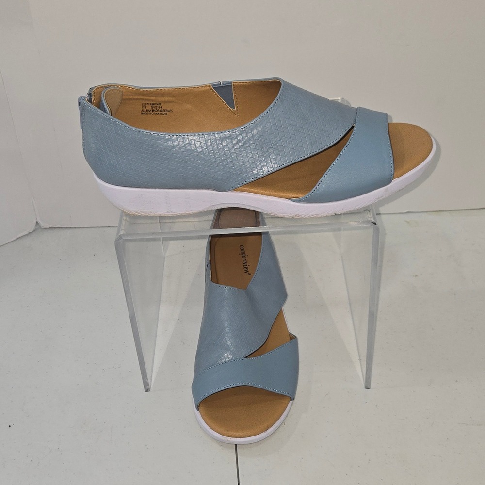 Comfortview Elettra 07468 Blue Textured Open Toe Wedge Sandals Womens 11W Zip